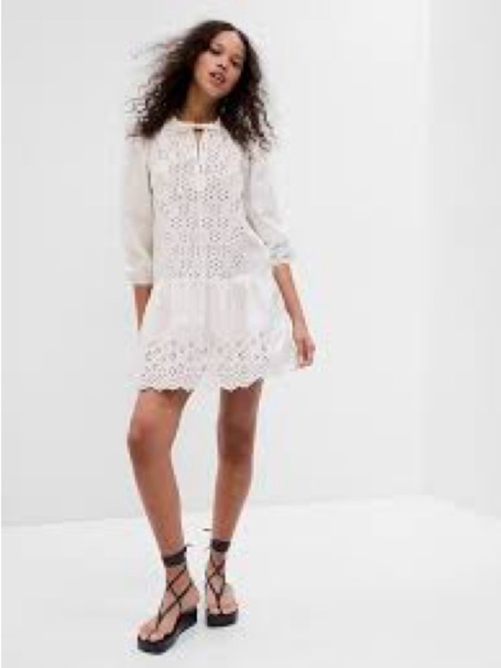 GAP White Eyelet Tie-Neck Tiered Mini Dress